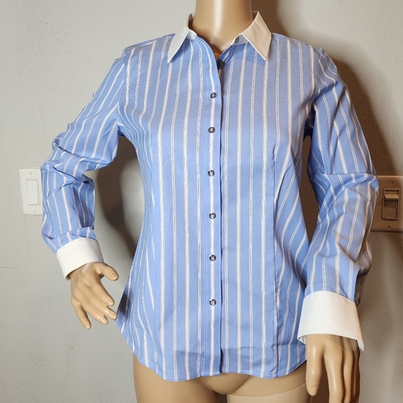 NWT Talbots Blue Stripe Non-Iron long sleeve button down cotton shirt. Size 0P - Picture 1 of 16